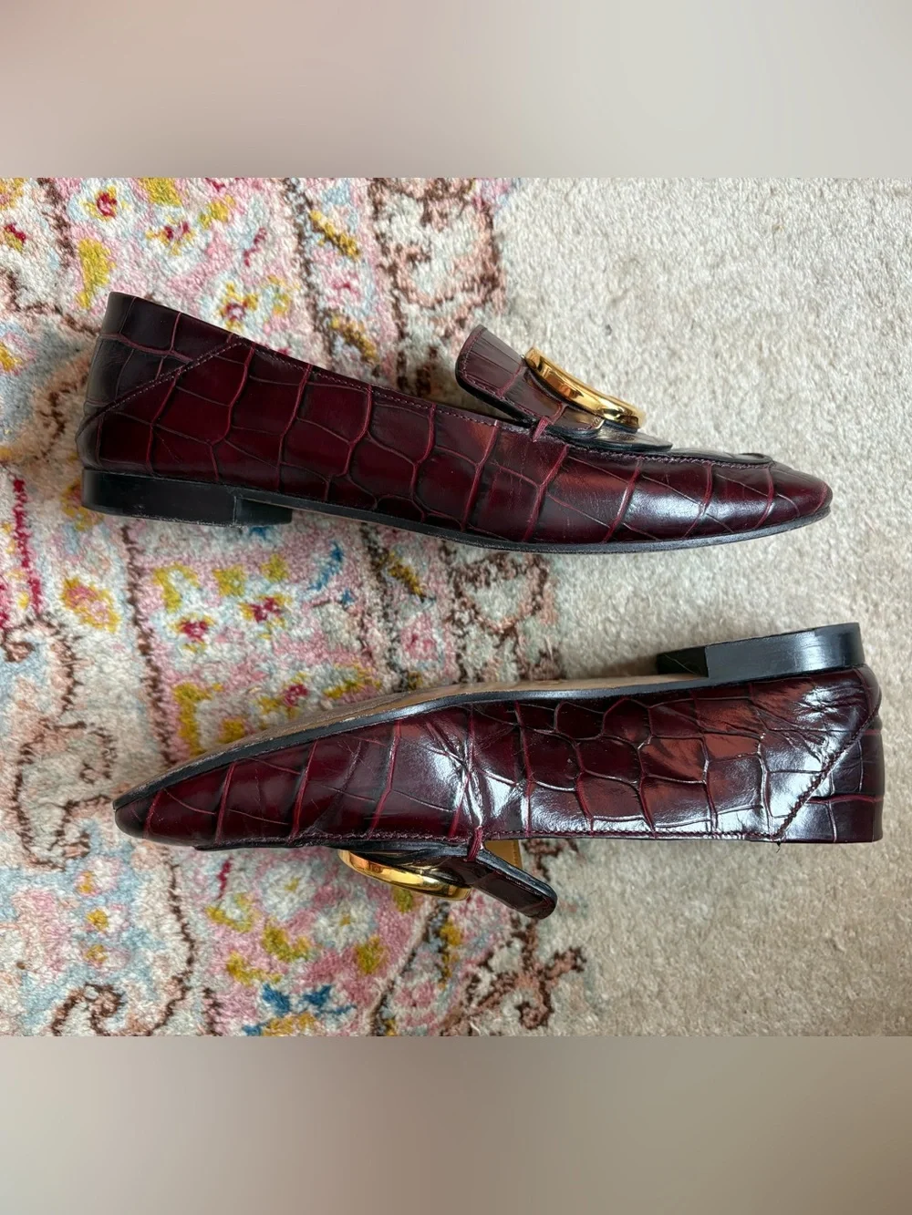 Chloe Burgundy Croc-Embossed Leather Loafers with Gold C